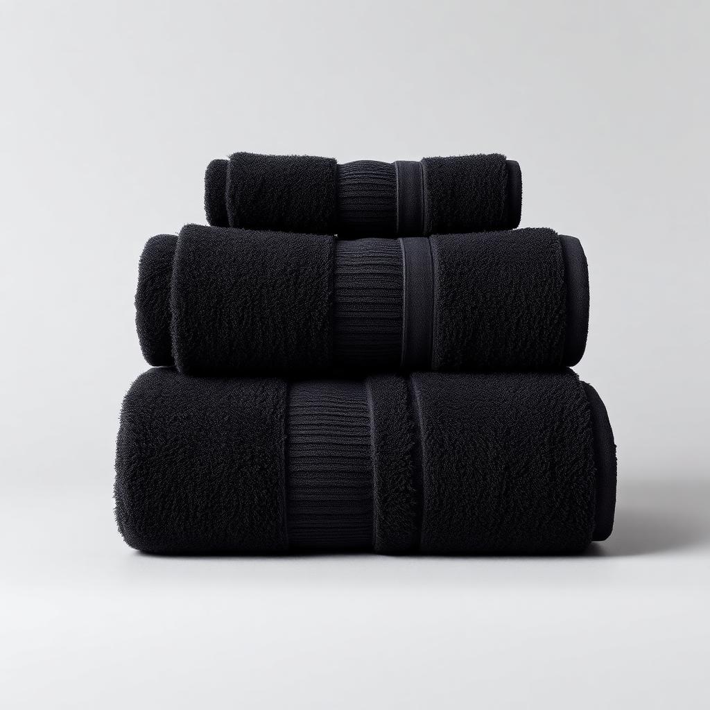 Two folded jet black cotton bath sheets