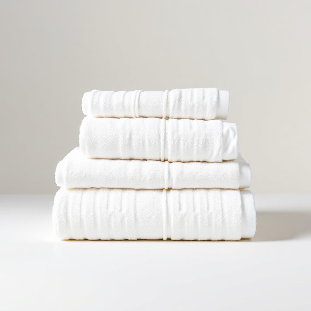 Two folded crisp white cotton bath sheets